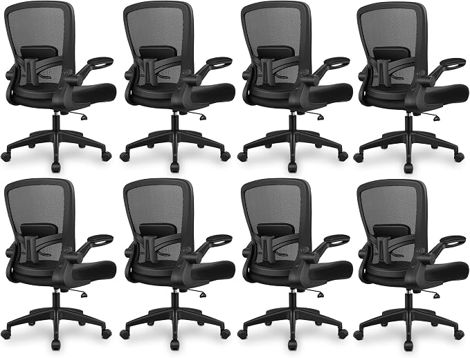 FelixKing Office Chair, Ergonomic Desk Chair Breathable Mesh Chairs Adjustable High Back Lumbar Support Flip-up Armrests, Executive Rolling Swivel Comfy Computer Chairs Home Office Black, Pack of 8