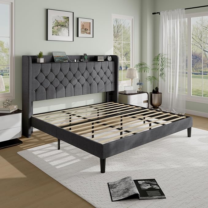 SHA CERLIN King Size Platform Bed Frame with Charging Station, Linen Wingback Headboard with Storage Shelf, Wooden Slats Support, Ample Under-Bed Space, No Box Spring Needed, Easy Assembly, Dark Grey