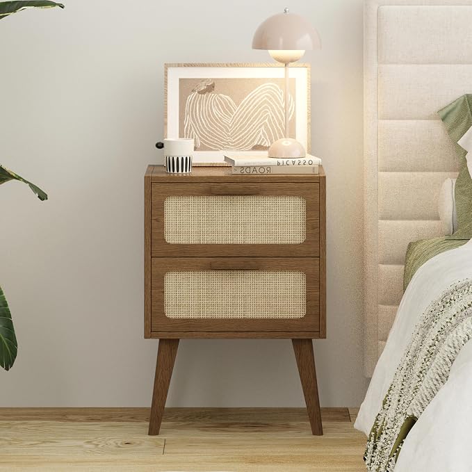 YAUKOMEL Rattan Nightstand Set of 2,Mid Century Modern Bedside with Drawers,End Table, Side Table with 2 Hand Made Rattan Decorated Drawers for Livingroom,Bedroom,Caramel Oak CTG59BR-2