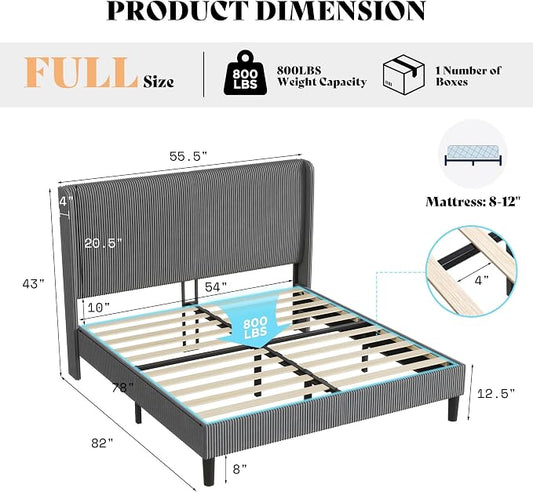 AMERLIFE Full Bed Frame, Upholstered Platform Bed with Corduroy Headboard, Easy Assembly Modern Grey Bed Frame with Wooden Slats Support, No Box Spring Needed