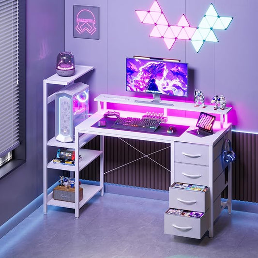 51 Inch Gaming Desk with Power Outlet and LED Lights, Computer Desk with 4 Drawers & Storage Shelves, Reversible Home Office Desk with Monitor Stand for Small Space Bedroom, Carbon Fiber White