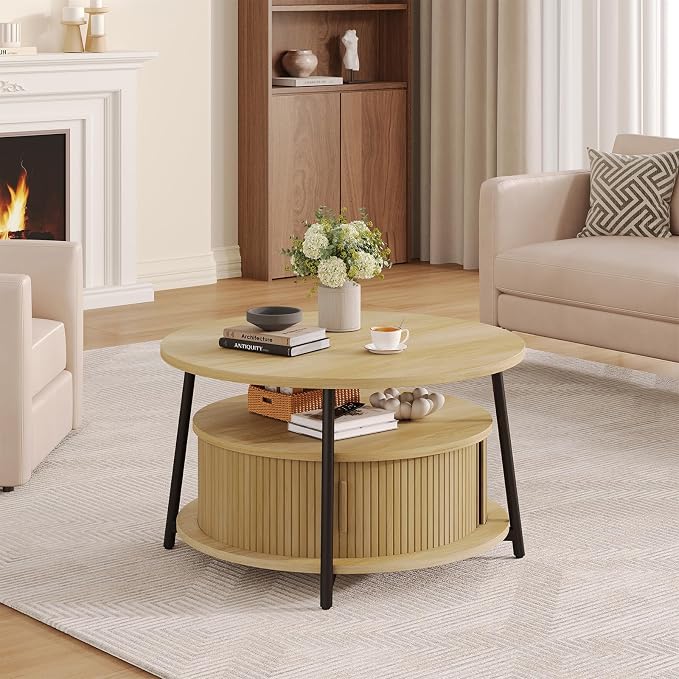 31.5 Inch Round Coffee Table with Storage, Fluted Coffee Tables with 2 Tiers, Mid-Century Modern Center Table with 2 Sliding Doors and Adjustable Footpad for Living Room, Oak