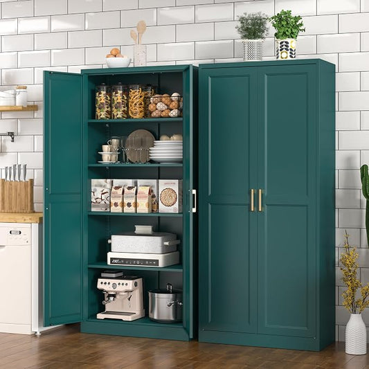 Polup Kitchen Pantry Cabinet, 71 Inch Tall Metal Pantry Cabinet with Doors and Adjustable Shelves, Freestanding Food Cupboard, Storage Cabinets for Dining, Living Room, Green-Teal, Assemble Required