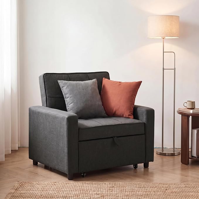 3-in-1 Convertible Sleeper Chair, Pull Out Single Sofa Bed with 3 Adjustable Backrest Angle & Pillow, Foldable Compact Reclining Sofa Bed for Small LivingRoom, Apartment, Home Office, Gray