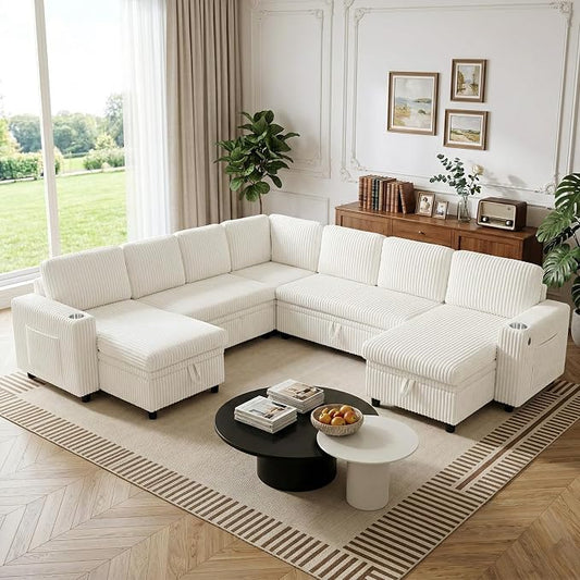 Modular Sectional Sleeper Sofa with Pull Out Bed, Plush Corduroy L Shaped Couch with Storage Chaise, USB Ports, Cup Holders, Comfy Cloud Couches for Living Room, Beige