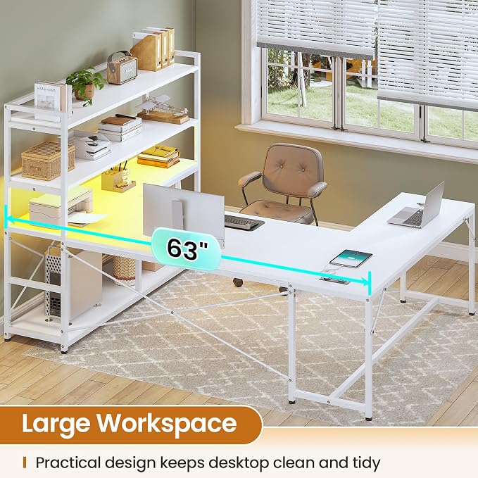 SEDETA L Shaped Computer Desk, 63” Reversible Office Desk or Corner Desk with Storage Shelves, White Gaming Desk with LED Lights, Power Outlet