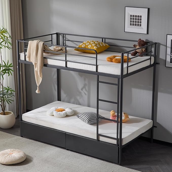 Karl home Metal Bunk Bed Twin Over Twin with 2 Storage Drawers, with USB Charging Station and LED Lighted, Safety Guardrail & Ladder, Easy Assembly, Space Saving, No Noise, No Box Spring Needed, Black