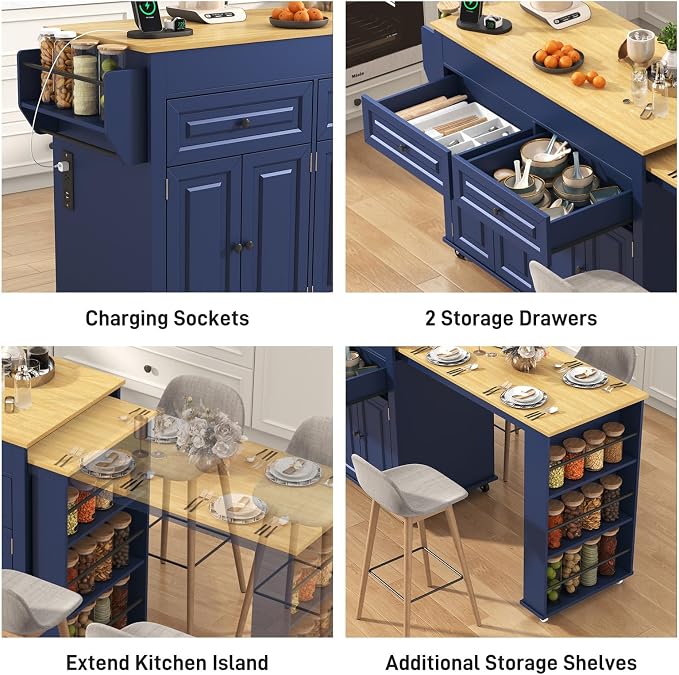 80"-48" Extendable Kitchen Island with Extended Dining Table and Power Outlet,Large Mobile Kitchen Storage Islands with 2 Storage Drawers,Rolling Islands Cart with 3 Extra Rows Open Shelves(Blue)