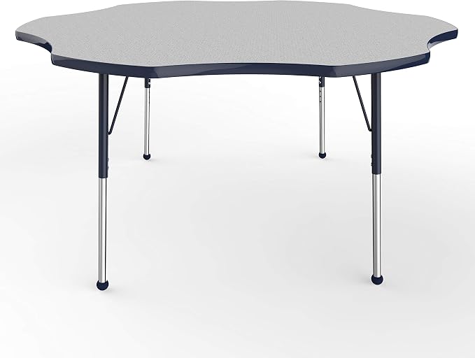 FDP Flower Activity School and Office Table (60 inch), Standard Legs with Ball Glides for Collaborative Seating Environments, Adjustable Height 19-30 inches - Gray Top and Navy Edge