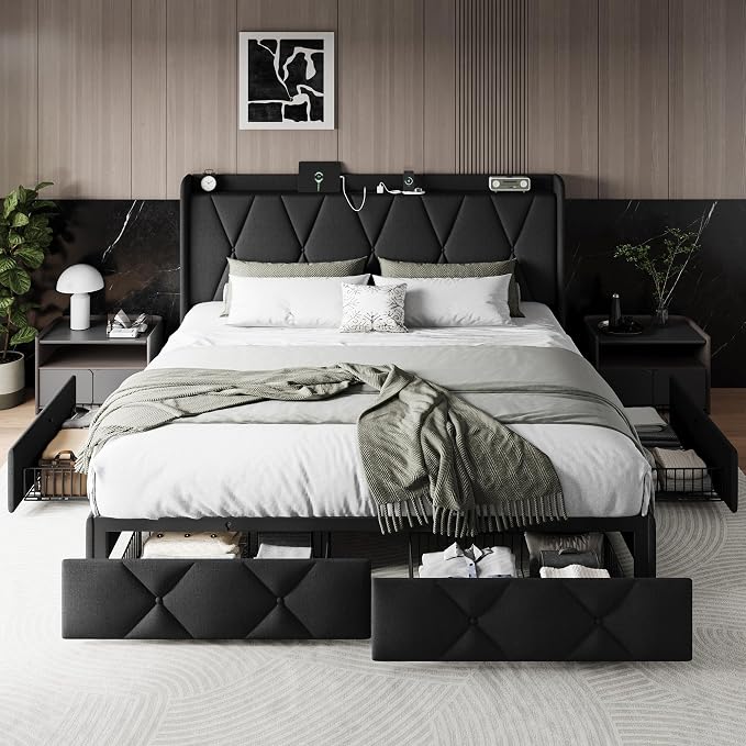 Einhomn King Size Bed Frame with 4 Storage Drawers and Charging Station, Upholstered Platform Bed Frame with Storage Headboard, No Box Spring Needed, Easy Assembly, Black