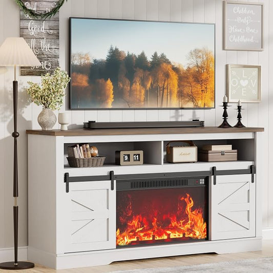 JUMMICO Fireplace TV Stand for 65+ Inch TV with 26'' Fireplace Entertainment Center with Storage Cabinet and Adjustable Shelves Media Console with Sliding Barn Door for Living Room (Bright White)