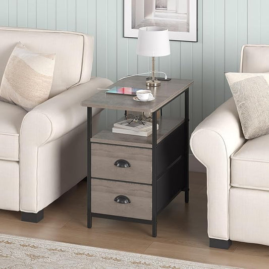 sthmec End Table with Charging Station, Narrow Side Table with 2 Drawers, Nightstands with Drawers, USB Ports & Power Oulets,Slim Sofa Side Tables for Small Spaces,Living Room,Bedroom, Grey
