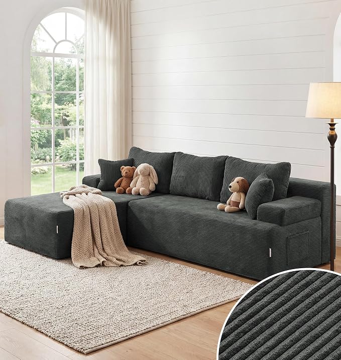 Hobestluk Modular Sectional Sofa Couches L-Shape Couch 3 Seat Modular Sofa Memory Foam Sectional Couches for Living Room, Cloud Couch with Oversized Chaise (Grey Corduroy, 96", Left Hand Facing)