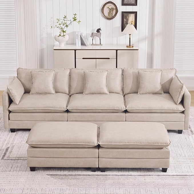 111'' Sectional Cloud Deep Seat Couch, Oversized Leather U Shaped Sectional Sofa for Living Room Set, Comfy Upholstered Modular 5-Seats Sectional Sofa Couch with 2 Movable Ottoman, Leather Beige