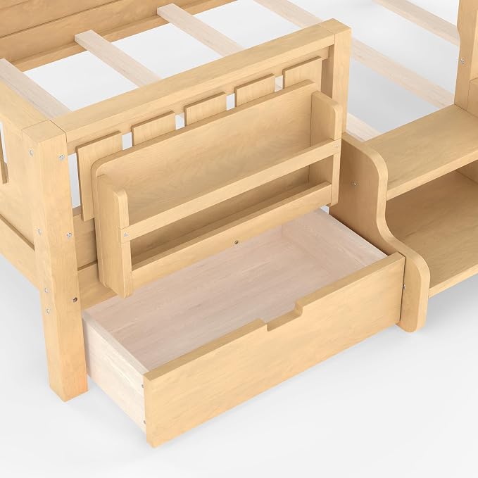 Bellemave Twin Size Kids Montessori Bed with Stairs and Bookshelf,Solid Wood Twin Size Kids Bed Frame with Drawers and Storage for Girls Boys,Low-Profile,Light Natural