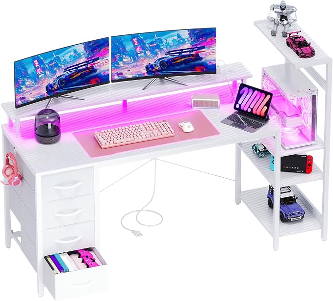 59 Inch Gaming Desk with LED Lights and Power Outlets, Computer Desk with Storage Shelves, Fabric Drawers, Monitor Stand & Side Hook, Reversible Gamer Table for Home Office, Carbon Fiber White