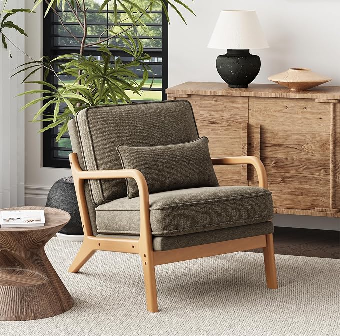 MALOL Accent Chair Set of 2 with Solid Wood Frame, Mid-Century Relaxing Armchair Lumbar Pillow& Soft Cushion, Reading Leisure Chair for Living Room, Bedroom, Waiting Room-Green