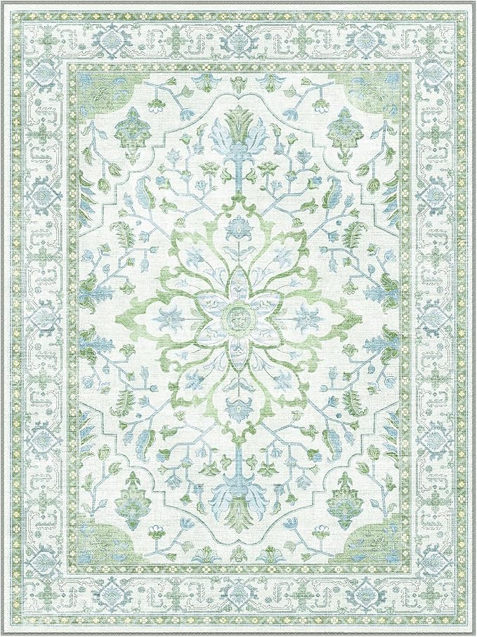 RELEANY Area Rugs Square 6ft Washable Non-Slip, Floral Vintage Distress Medallion Carpet for Living Room Bedroom Dining Room, Green White Blue