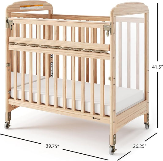 Foundations Serenity SafeReach Mirrorview Crib with Access Gate, Natural, Adjustable Mattress Board, Compact Wooden Baby Crib, Mirrored End Panels, Includes 3” Foam Mattress