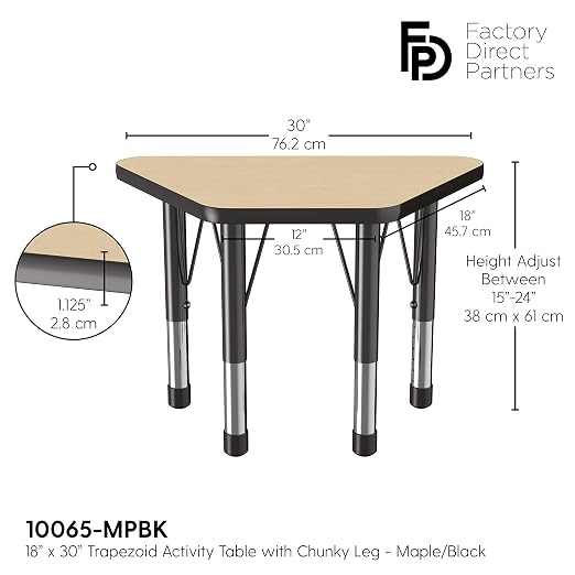 FDP Trapezoid Activity School and Classroom Kids Table (18 x 30 inch), Chunky Toddler Legs for Collaborative Seating Environments, Adjustable Height 15-24 inches - Maple Top and Black Edge