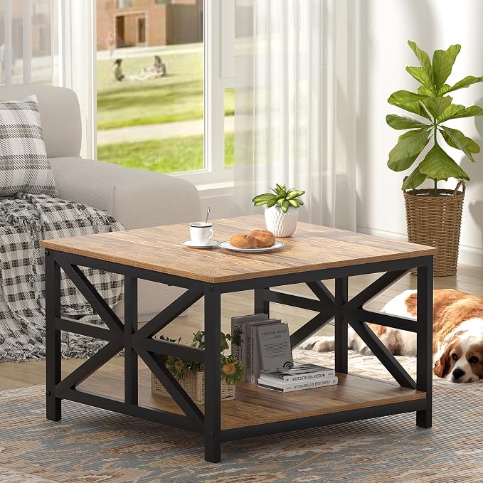 GreenForest Rustic Living Room Coffee Table with 2 Tier Storage | X Metal Frame Square Center Table with Seamless One-Piece Tabletop,27.55 inch Sofa Table,Scratch-resistant,Walnut