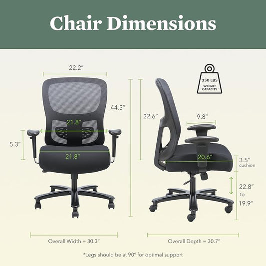 HON Sadie Big and Tall Ergonomic Office Chair with Mesh Back, Adjustable Lumbar Support and Arms, High Back Desk and Computer Chair for Home Office or Workstation, 350 lb. Weight Capacity, Black