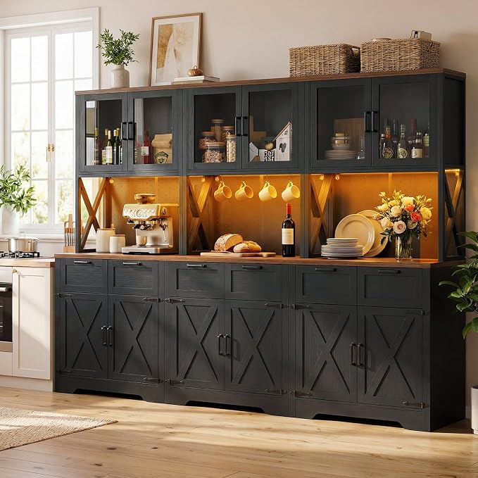 Unikito 94.5" Wide Kitchen Pantry Cabinet with 3 Power Outlets & LED Light, 71" Tall Large Kitchen Hutch with Countertop, DIY Pegboard with 18 Hooks & 6 Drawers, Farmhouse Food Pantry, Rustic Black