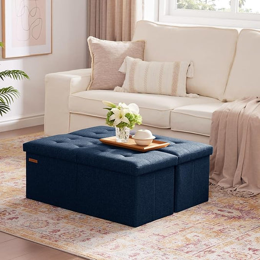 HAUSFRAU 31.5 Inches Ottoman with Storage Bench, Folding Ottoman Bench Small Foot Rest Stool, Bedroom Bench with Flipping Lid, Linen Navy Blue