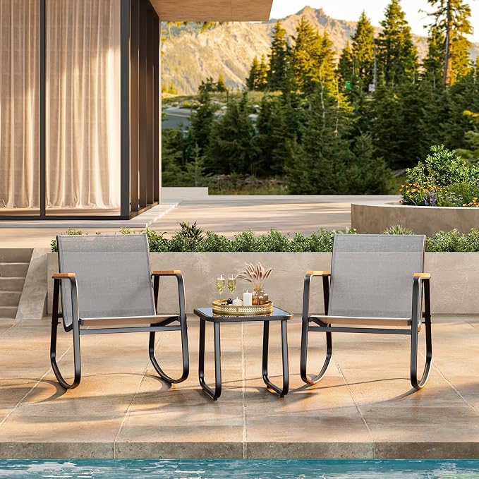 Ahomly 3 Pieces Patio Furniture Set, Outdoor Textilene Furniture Set with Wooden Armrests, Coffee Table with Tempered Glass Tabletop, Patio Chairs for Lawn, Balcony, Grey