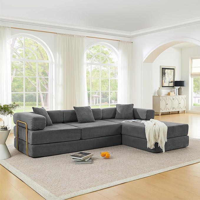 ivoros 108" Oversized Convertible Sleeper Sofa Bed, Corduroy L Shape Sectional Couch, Folding Sofa Bed with Fixed-Shape Frame, Modern Cloud Floor Mattress Couch, Modular Sofa for Living Room,Grey