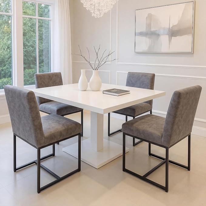 HNY Modern Dining Chairs Set of 4, Upholstered Leather Dining Room Chairs with Ergonomic Back & Metal Frame for Home, Kitchen, Apartment, Grey