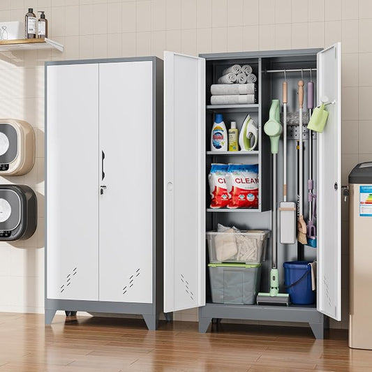 61" Broom Storage Cabinet, Cleaning Tool Storage Cabinet, Garage Utility Storage, Metal Broom Closet for Home, Garage, Utility Room, Hanging Rod (Gray White, Door-2)