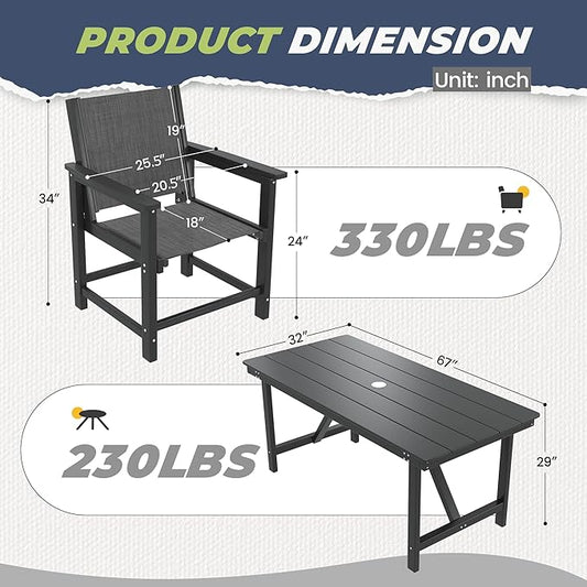 7 Piece HDPE Patio Dining Set, All-Weather Outdoor Table and Chair Sets with Umbrella Hole Outdoor Dining Table Sets of 6 Textilene Fabric Patio Chairs for Backyard, Poolside, Garden, Deck(Black)