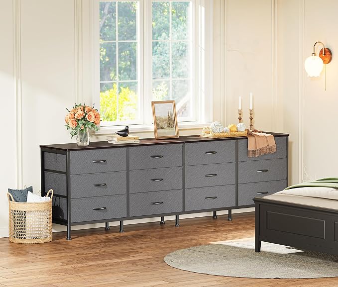 Huuger 70 Inch Dresser for Bedroom, TV Stand for 65, 75, 80 Inch TV, 12 Drawer Long Dresser, Large Storage Organizer Unit, Wide Chest of Drawer with Storage, Fabric Drawer for Living Room, Dark Grey