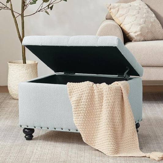 Zihanhome Small Ottoman with Storage, Upholstered Button Tufted Ottoman Foot Rest, Foot Stools, 24" Rectangle Bench with Storage for Living Room, Bedroom, Dorms and Apartments (Light Blue)