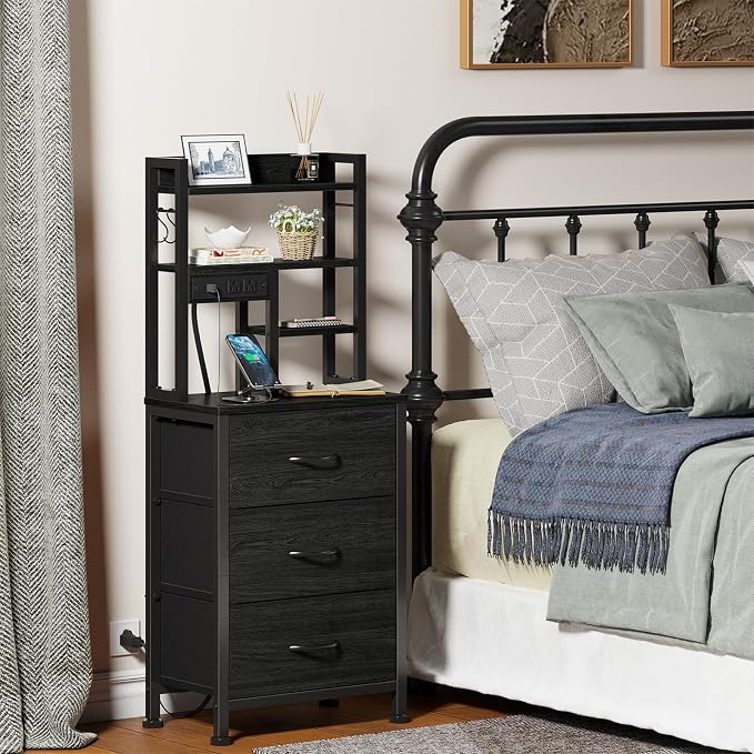 Furnulem Tall Night Stand with 3 Fabric Drawers and LED Lights, Nightstand with Bookshelf, 45.3inch Tall Bedside Tables with USB Ports in Bedroom, Dorm, Office,Metal Frame, Wood Shelves (Black Oak)
