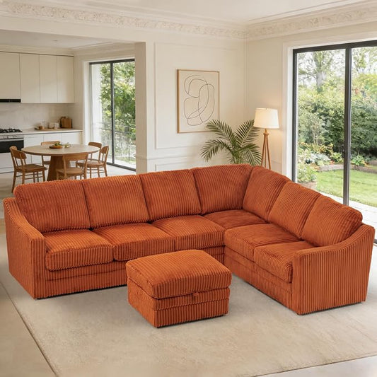 115 Inches Corduroy Sectional Sofa with Storage Ottoman, Modern 7 Seats Corner Couch with Deep Seat, Comfy Modular U Shaped Couch with Comfortable Cushions for Living Room, Orange