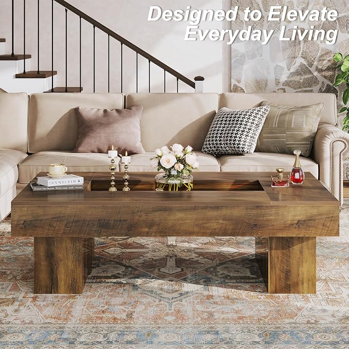 LVB Coffee Table, Modern Wood Led Living Room Table with Storage, Farmhouse Large Rectangle Center Table with LED Light, Unique Wide Low Tea Table for Living Room Home Office, 47.24 in, Rustic Oak