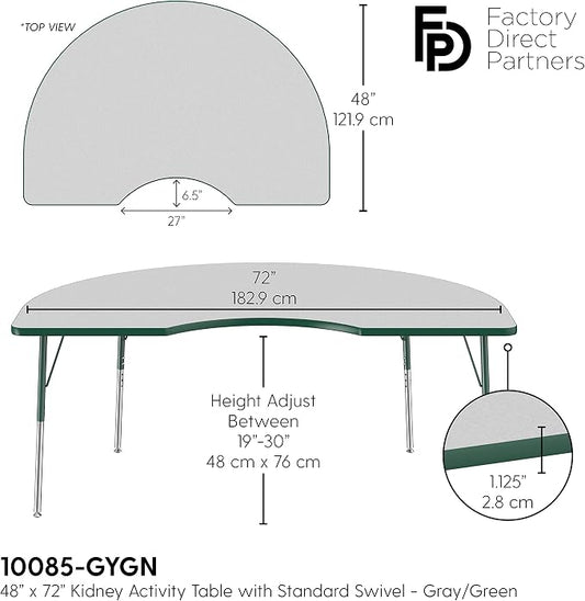 FDP Kidney Activity School and Office Table (48 x 72 inch), Standard Legs with Swivel Glides for Collaborative Seating Environments, Adjustable Height 19-30 inches - Gray Top and Green Edge