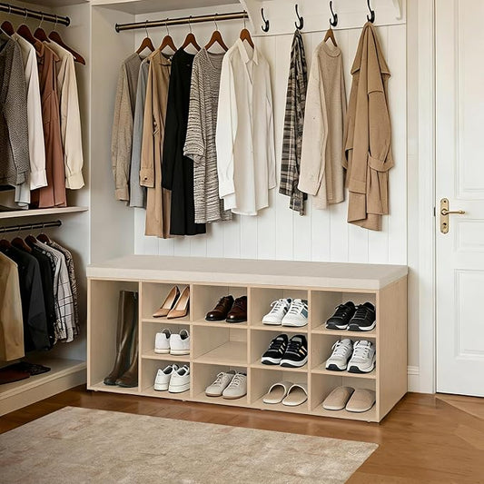 DINZI LVJ Shoe Storage Bench with Cushion, 15-Cubby Shoe Rack, Adjustable Shelves, Long Shoe Organizer Bench for Entryway, Mudroom, Hallway, Living Room, Bedroom and Garage, Natural