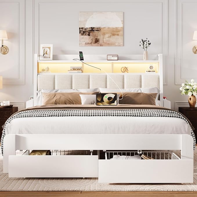 BRELTAM King Bed Frame with Headboard & Storage Drawers Metal Upholstered Platform Bed King Size with 2-Tier Storage, LED Light & Charging Station,No Box Spring Needed,Easy Assembly,White