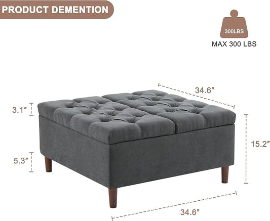 Weture 35 Inch Extra Large Storage Ottoman Coffee Table, No Assembly Required, Oversized Square Ottoman with Storage, Tufted Upholstered Ottomans Coffee Table for Living Room (Fabric, Dark Grey)