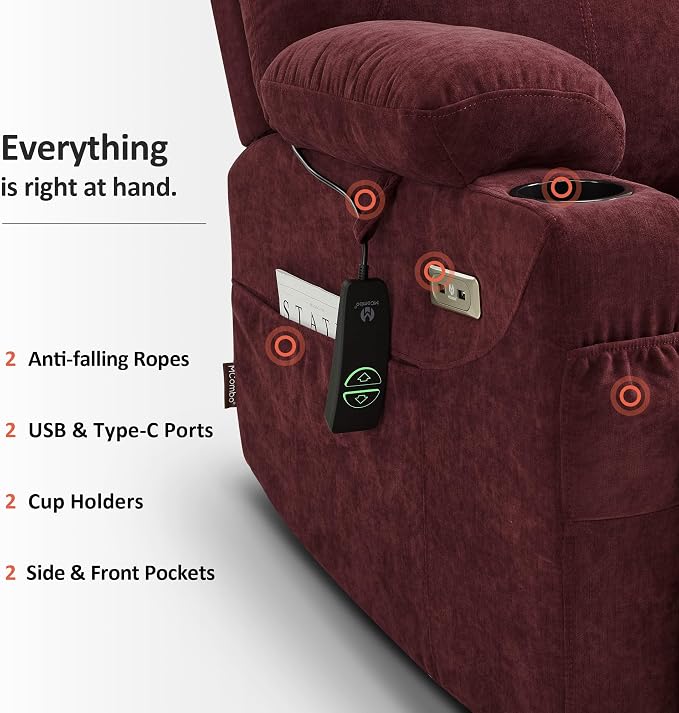 MCombo Power Lift Recliner Chair for Elderly R7042(Sangria, Small-Wide) | Heat and Massage, USB& Type C Charging Port, FSC Certified