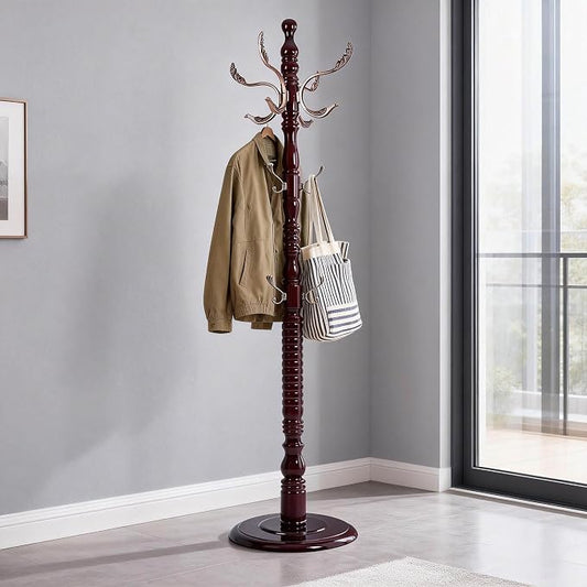 Wooden Coat Rack Freestanding with 20 Metal Hooks, Adjustable Height Coat Tree Free Standing Heavy Duty for Entryway, Easy Assembly Solid Wood Sturdy Coat Hats Hanger Stand for Office Hallway Bedroom