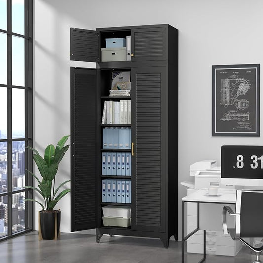 SteeLoong Kitchen Pantry Cabinet,90" Metal Storage Cabinet with Doors and 5 Adjustable Shelves,Black Tall Locker Organizer Steel Garage Cabinets for Tool,File Cabinet for Office,Kitchen,Garage,School