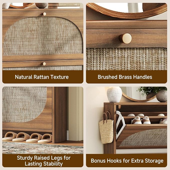 Nicetree Freestanding Ultra Slim Arched Rattan Accent Shoe Storage Cabinet for Entryway - 4 Flip Drawers & 3-Tier Adjustable Shelves, Farmhouse Modern Rustic Shoe Rack for Hallway, Foyer Oak