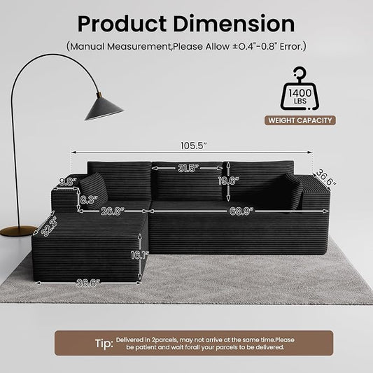 106" Cloud Sectional Boneless Couches for Living Room, Modular L Shaped Couch with Deep Seat Oversized Left Facing Chaise, Memory Foam Compressed Spineless 3 Seater Sofa for Bedroom Apartment, Black