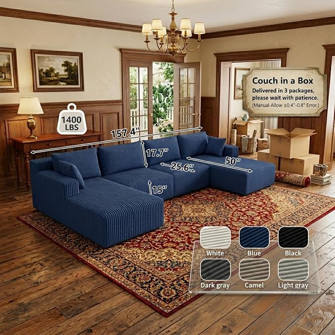 Flexible Combination Cloud Sectional Boneless Couches with Double Chaise,157" Oversized U Shaped Modular Sofa No Assembly Required Foam-Filled Deep Seat Sofa & Couch for Living Room,Apartment