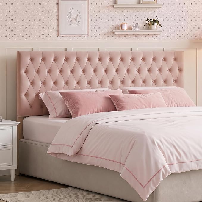 Upholstered Queen Headboard Only, Premium Velvet Button Tufted Headboards, Adjustable Solid Wood Head Board, Padded Headboard with Solid Wood Legs in Bedroom (Pink)