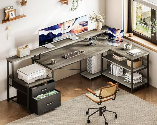 ODK 75" L Shaped Desk with File Drawers, Work from Home Office Desk with Power Outlet, Reversible Computer Desk with Storage Shelves, Gaming Desk with Monitor Shelf, Corner WFM Table, Grey Oak